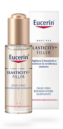 EUCERIN ELASTICITY + FILLER Olio Viso Rinnovatore Satinante Offre molti benefici. La formula nutriente, che contiene Vitamina E e Olio di Argan, migliora l'elasticità della pelle, la rende più soda e 