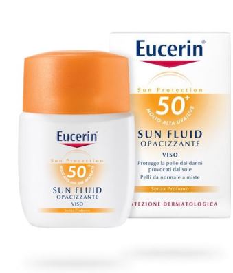EUCERIN SUN FLUID FP 50+ OPACIZZANTE VISO Schermo solare avanzato per il viso specificamente sviluppato per proteggere la pelle dai danni causati dal sole e dalle macchie dell'età. Per la pelle mista 