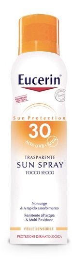 EUCERIN SUN SPRAY TOCCO SECCO SPF30 Protezione solare corpo in spray aerosol appositamente sviluppato per la pelle sensibile. Il suo filtro solare UVA/UVB ad ampio spettro e fotostabile fornisce una p