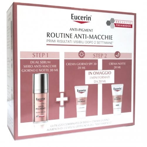 Eucerin ANTI-PIGMENT ROUTINE ANTI-MACCHIE Descrizione Anti-Pigment Dual Serum : Un doppio siero con Thiamidol e acido ialuronico concentrato per una pelle uniforme e luminosa. La melanina è un pigment
