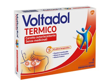 Voltadol TERMICO Descrizione Dispositivo Medico. Cerotto auto-riscaldante senza medicinali che genera fino a 8 ore di calore terapeutico, rilassando la muscolatura e combattendo il dolore a collo, spa
