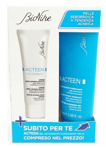 BioNike ACTEEN HYDRAMAT CREMA SEBO-NORMALIZZANTE + GEL DETERGENTE PURIFICANTE Crema sebo-normalizzante Prodotto idratante studiato per le pelli grasse e con tendenza all’acne. Assorbe l’eccesso di seb