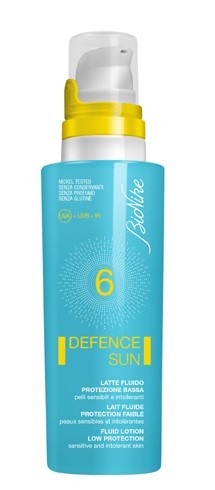 NICKEL TESTED SENZA CONSERVANTI SENZA PARABENI SENZA GLUTINE BioNike 6 DEFENCE SUN LATTE FLUIDO PROTEZIONE BASSA pelli sensibili e intolleranti Prodotto leggero e non appiccicoso, ideale per il corpo.