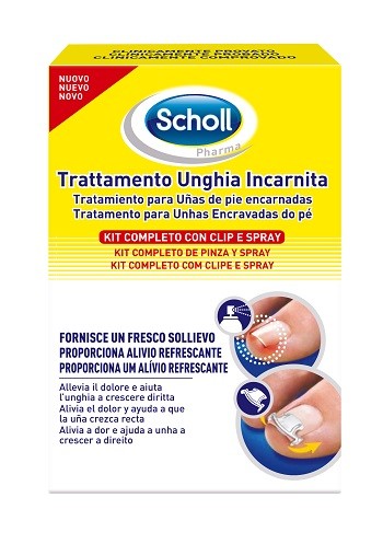 Scholl Trattamento Unghia Incarnita Kit pensato per alleviare il dolore e aiutare l'unghia a crescere dritta. Il kit per il trattamento dell’unghia incarnita è costituito da: 1. Spray nebulizzatore: f