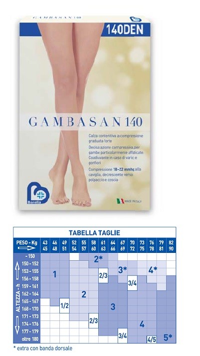 140DEN G A M B A S A N 140 Calza contenitiva a compressione graduata forte Decisa azione compressiva, per gambe particolarmente affaticate. Coadiuvante in caso di varici e gonfiori Compressione 18-22 