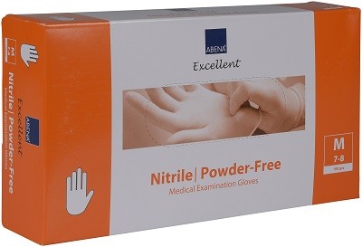 ABENA EXCELLENT Guanto in nitrile, senza polvere Descrizione Guanti monouso in nitrile, senza polvere. Non sterile. Bianchi. Punta delle dita micro-goffrate. Polsino arrotolato. Adatti per il contatto