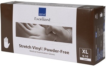 ABENA EXCELLENT Guanto in vinile elasticizzato senza polvere Descrizione Guanti in vinile elasticizzato senza polvere. Colore naturale. Superficie liscia con polsino arrotolato. Approvato per la manip