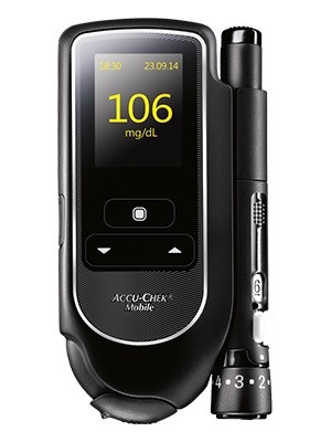 ACCU-CHECK Mobile Descrizione Misuratore di glicemia senza strisce pratico e tutto-in-uno: 50 test su nastro continuo e pungidito integrato con cilindro caricatore da 6 lancette. Adatto per le persone