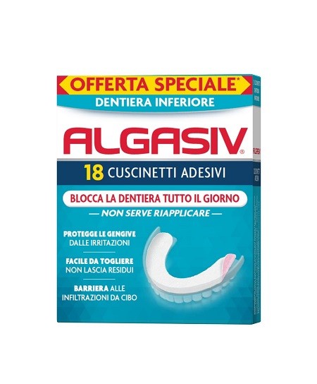 ALGASIV BLOCCA LA DENTIERA TUTTO IL GIORNO Morbido cuscinetto, con due potenti adesivi naturali che blocca la dentiera tutto il giorno, protegge le gengive da fastidiose irritazioni e combatte i catti