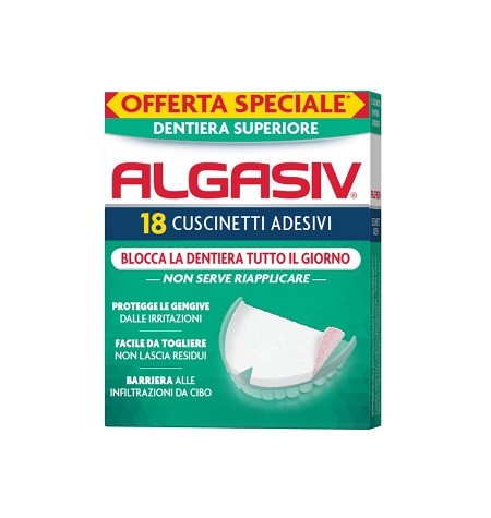 ALGASIV BLOCCA LA DENTIERA TUTTO IL GIORNO Morbido cuscinetto, con due potenti adesivi naturali che blocca la dentiera tutto il giorno, protegge le gengive da fastidiose irritazioni e combatte i catti