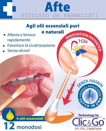 Afte Agli olii essenziali puri e naturali • Allevia e lenisce rapidamente • Favorisce la cicatrizzazione • Senza alcool SENZA PARABENI Presentazione Clic&Go e una gamma di applicatori monodose che han