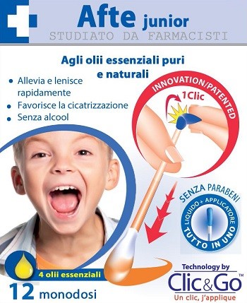 Afte junior Agli olii essenziali puri e naturali • Allevia e lenisce rapidamente • Favorisce la cicatrizzazione • Senza alcool SENZA PARABENI Gamma di applicatori monodose che hanno il vantaggio di es